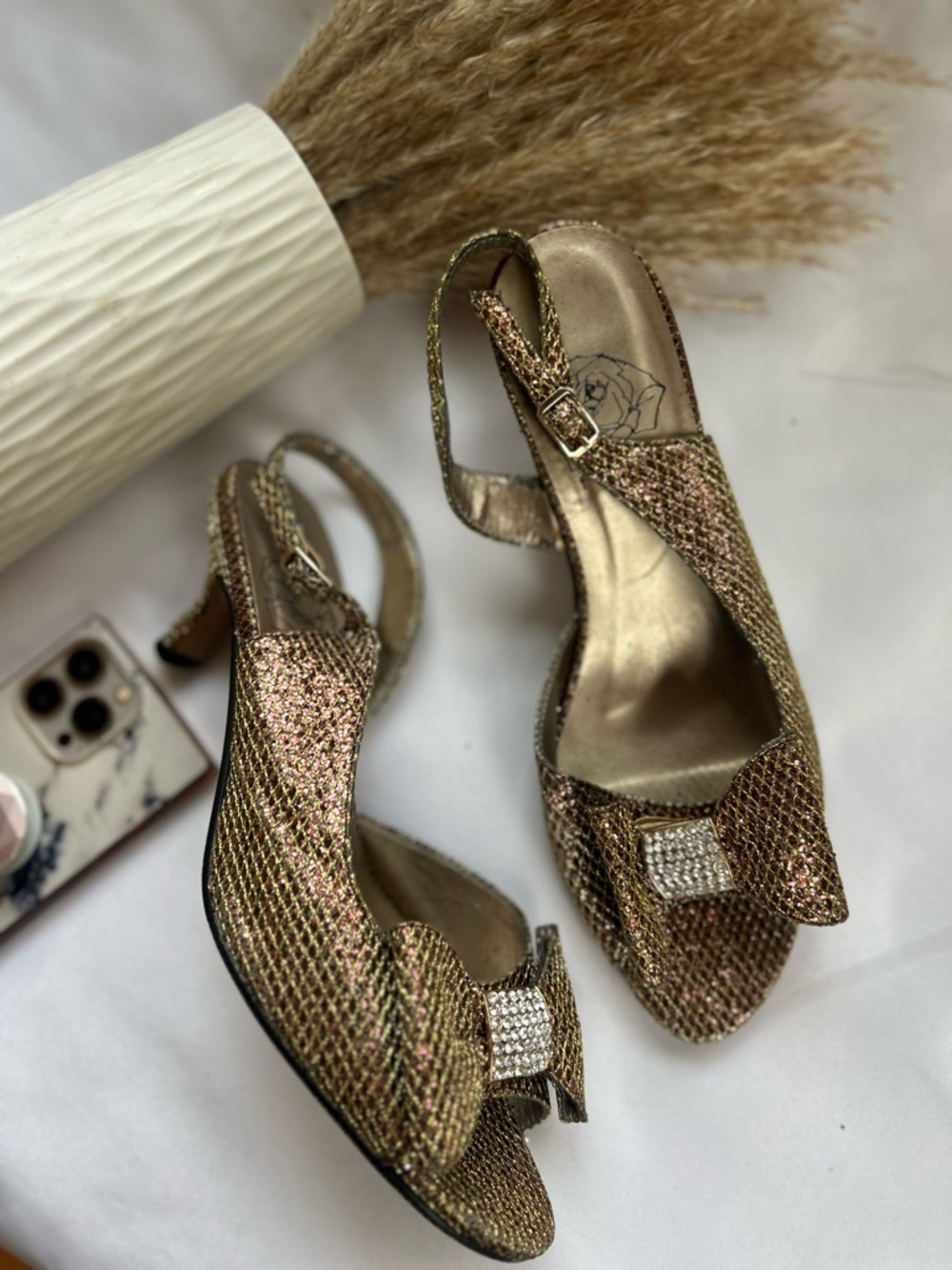 Elegant Metallic Slingback Heels with Decorative Bow 9